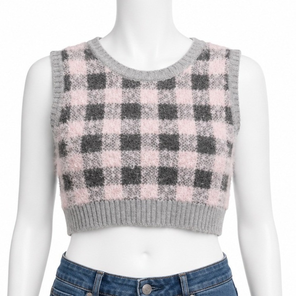 Joe Boxer Eyelash Knit Sweater Vest S Buffalo Check Cropped Soft Girl Cozy Core